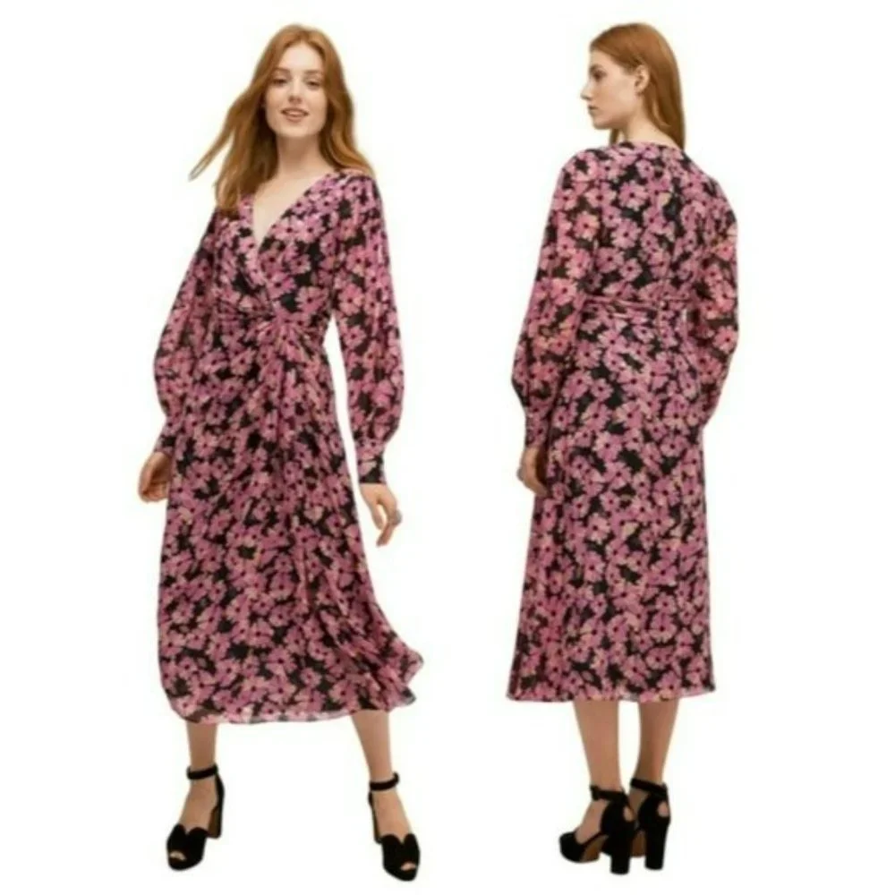 Kate Spade Wallflower Midi Dress 2 Black Pink Metallic Silk Chiffon Long Sleeve